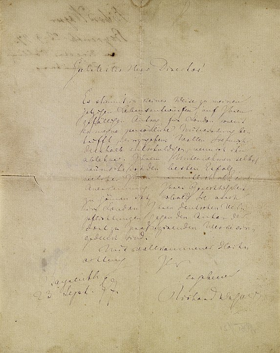 Brief Richard Wagner an Bernhard Pollini, Direktor des Hamburger Stadttheaters; Bayreuth, 23. 9. 1877 "