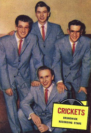 Trading card photo of The Crickets. In 1957, Topps gum cards issued a series of movie stars, television stars and recording stars. They were part of their recording stars cards.