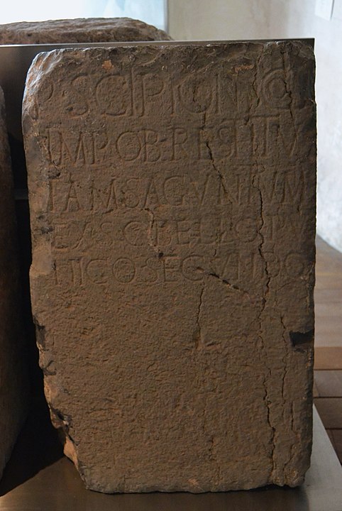 Pedestal with historical inscription dedicated to Scipio: To Publius Scipio, consul, emperor, for having rebuilt Sagunto by executing a senate consultation during the Second Punic War. 1st century AD, Julio-Claudian era. It comes from the castle. Historical Museum of Sagunto, Inv. S. 1.18