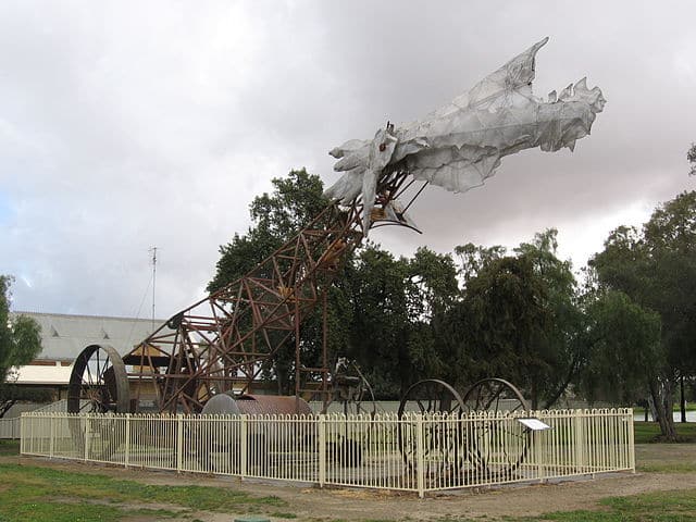 "Ned Kelly's Horse", a prop from the opening ceremony of the en:2000 Summer Olympics, now in en:Jerilderie, New South Wales. Credit: Mattinbgn - Own work, CC BY-SA 3.0