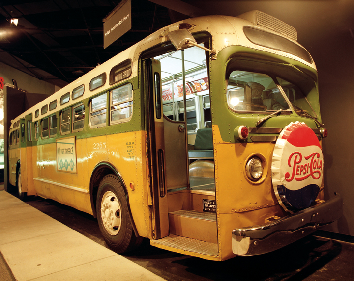  The original finding aid described this photograph as: Original Caption: Indoors at the National Civil Rights Museum stands a recreation of the bright yellow Montgomery city bus where Rosa Parks defied the city's segregated bus transport policy. Location: Location: memphis, Tennessee (35.135° N 90.058° W) Status: Public domain. Courtesy of the National Civil Rights Museum