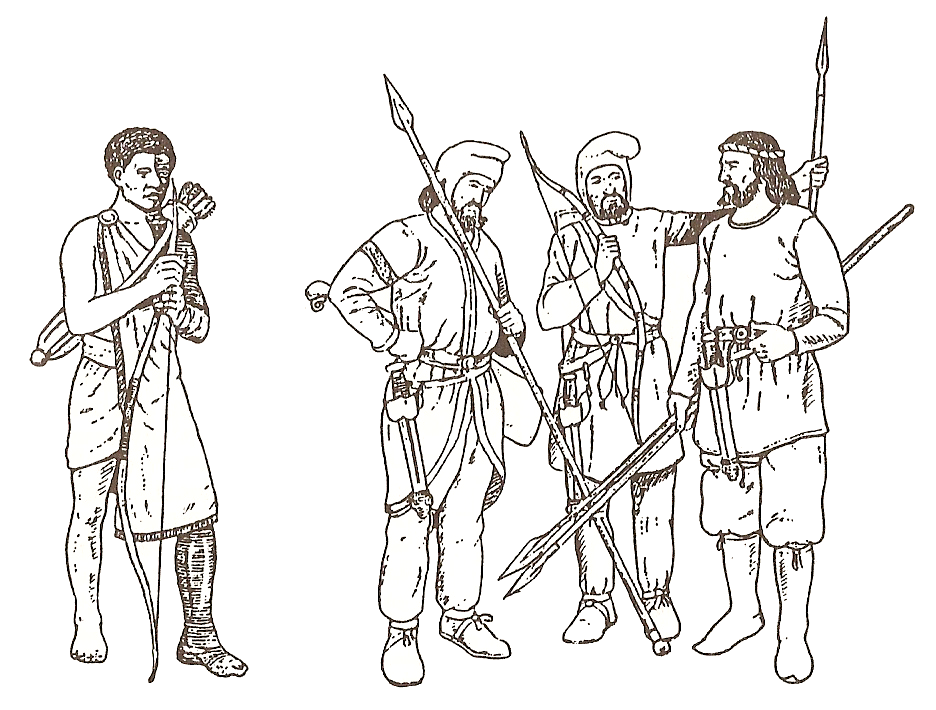 Soliers of Xerxes army. Reconstruction based on Herodot's descriptions and archaeological findings. From left to right: ethiopian soldier with bow, Khwarezmian infantryman, Bactrian infantryman, cavalryman from Aria.