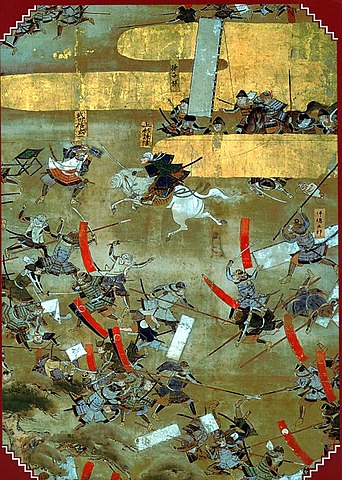 akeda Shingen deflects Uesugi Kenshin's strike at the Fourth Battle of Kawanakajima during the Sengoku period. Old Japanese painting.