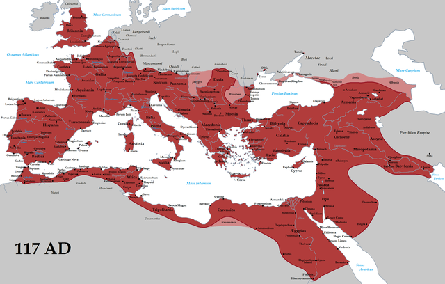The Roman Empire (red) and its clients (pink) in 117 AD during the reign of emperor Trajan. Credit: Tataryn - Own work, CC BY-SA 3.0 