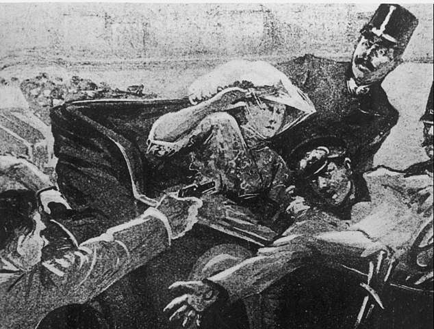 An artist's rendition shows the assassination of Archduke Franz Ferdinand of Austria-Hungary and his wife, Czech Countess Sophie Chotek, during their visit to Sarajevo, Bosnia, on June 28, 1914.  The assassin, Serbian nationalist Gavrilo Princip, left, of the group Black Hand, was captured.  The incident precipitated World War I.  (AP Photo)