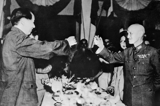 Mao Zedong and Chiang Kai-shek in Chongqing, China, in September 1945, toasting the victory over Japan.