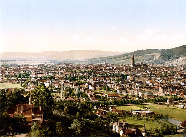 View of Freiburg im Breisgau from Mount Loretto, Baden-Württemberg, Germany. 1 photomechanical print : photochrom, color.
