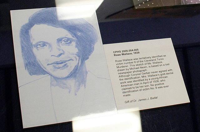 1939 Rose Wallace was tentatively identified as victim number 8 of the Cleveland Torso Murderer. This sketch of Ms. Wallace, drawn by Michael Nevin, is based on a lost newspaper photograph. Although Coroner Gerber never agreed with the identification, Mrs. Wallace's gold dental work was identified by a young African American man in April of 1938, who claimed to be her son. No positive identification of victim No. 8 was ever made. Gift of Dr. James J. Badal CREDIT: gargantuen - Flickr: Rose Wallace, CC BY-SA 2.0