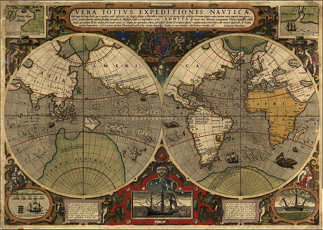 World Map; Records the first English circumnavigation of the globe by Sir Francis Drake (1577-1580), as well as that of his countryman Thomas Cavendish a few years later (1586-1588). The map portrays the outlines of continents leaving the interiors blank, suggesting that the land areas were left unexplored. The marginalia includes the Elizabethan coat-of-arms, a vignette of Drake's ship the Golden Hind, and four corner illustrations. The drawing in the upper-left corner shows Drake's landing at Nova Albion in present-day California. Title: Vera Totius Expeditionis Nauticae.