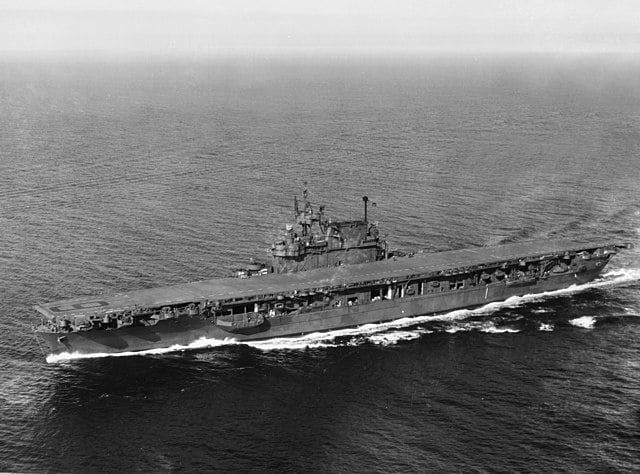 The U.S. Navy aircraft carrier USS Enterprise (CV-6) making 20 knots during post-overhaul trials in Puget Sound, Washington (USA), on 13 September 1945.