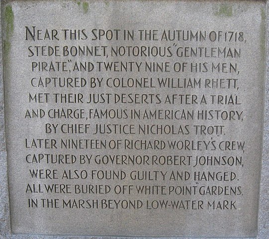 A memorial in Charleston commemorating the hanging of Stede Bonnet at White Point.