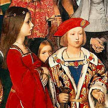 Erasmus of Rotterdam visiting the children of Henry VII at Eltham Palace in 1499 and presenting Prince Henry (the future Henry VIII) with a written tribute. Detail of oil painting in the East Corridor of the Palace of Westminster, London.