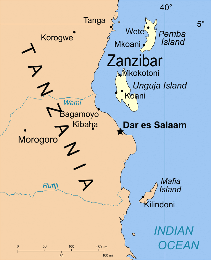 Part of the map of Tanzania, showing the Spice Islands, and highlighting Zanzibar.