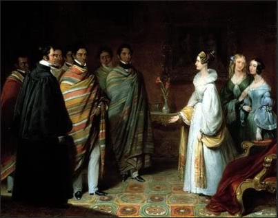 Painting by Henry Room (1802-1850) of the 1836-37 Embassy of Madagascar to Great Britain, being received by Queen Adelaide