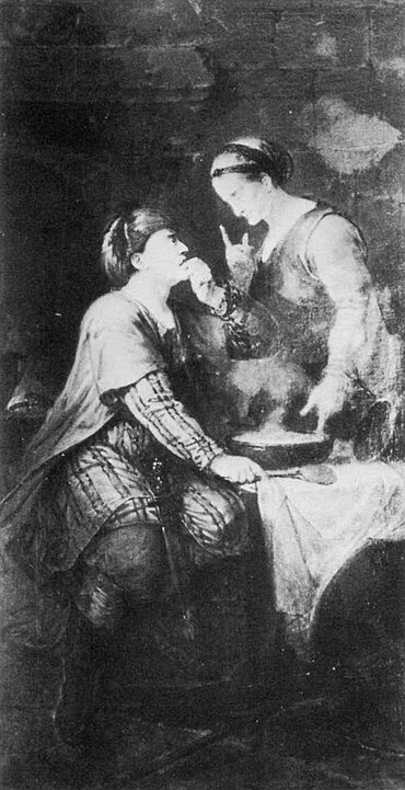 From wikimedia commons: Scene from Tamerlane's Life (Bernhard Rode, 1780-81). "In a letter to Gleim dated 1860, Rode reports . . .: Eating rice porridge at the home of an old woman, Tamerlane burns his mouth, since he has taken from the middle. He is advised always to begin at the edge when eating, and thus also in war to secure the borders before advancing into the interior." Wibke Andresen, "Das Gemäldezyklus auf Gut Neuhaus," Kunst im Dienste der Aufklärung. Radierungen von Bernhard Rode (1725-1797) mit einem Gesamtverzeichnis aller Radierungen des Künstlers im Besitz der graphischen Sammlung der Kunsthalle zu Kiel, ed. Frank Büttner (Kiel, 1986), p. 59.