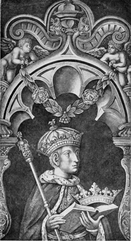 The young King Henry VI, who became King after Henry V's death. HENRY VI From a print after the painting on glass at King's College, Cambridge. 