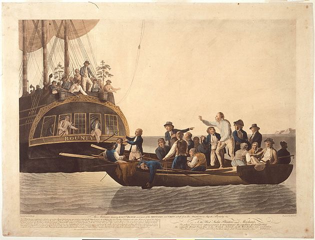 Bligh and the others leave the HMS Bounty and get into the dinghy. Artist: Robert Dodd, 1790