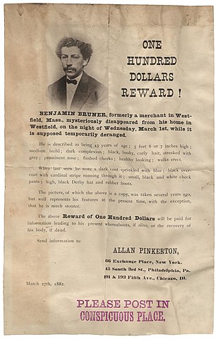 Benjamin Bruner, former a merchant in Westfield, Mass., mysteriously disappeared from his home in Westfield, on the night of Wednesday, March 1st, while it is supposed temporarily deranged. March 27th, 1882.