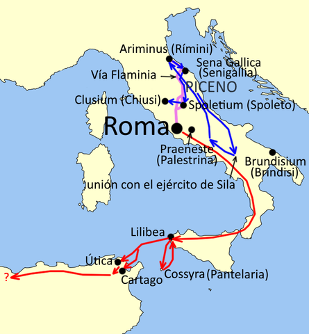 Map of military campaigns of Gnaeus Pompeius (Magnus) in 83-81 BC, in Spanish; translation of the original map in Russian File:Pompeius Magnus 83-81.png. CREDIT: BlaGalaxi - Own work, CC BY-SA 4.0