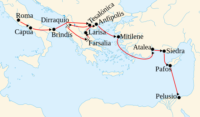 Pompey's movements during the civil war (49-45 BC). Credit: Homoatrox historicair - File:Pompeius_Magnus_during_Civil_War_49-45_BC_ru.png File:Blank_map_of_South_Europe_and_North_Africa.svg, CC BY-SA 3.0