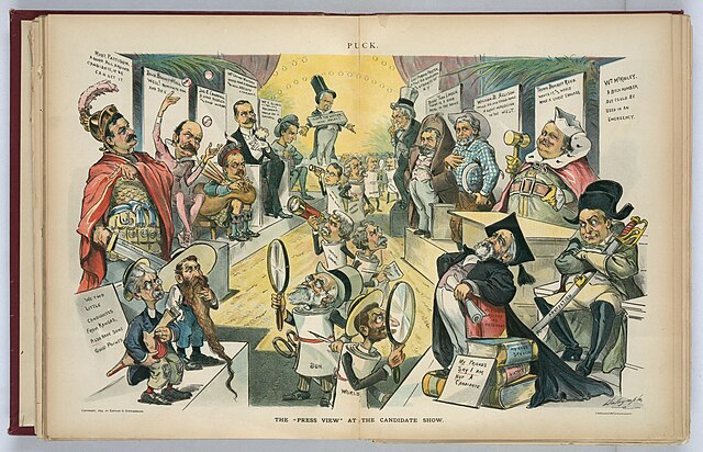 From Wikimedia Commons: Title: The "press view" at the candidate show / Dalrymple. Abstract/medium: 1 print : chromolithograph.