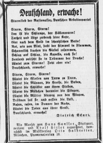 The original text of the "Sturmlied", a National Socialist propaganda song written by Dietrich Eckart