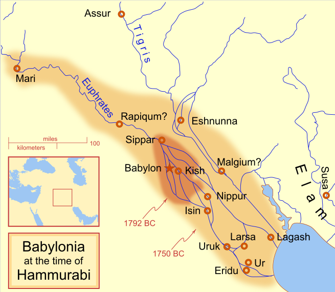 Hammurabi's Babylonia: Description from Wikimedia commons: More details

A locator map of Hammurabi's Babylonia, showing the Babylonian territory upon his ascension in 1792 BC and upon his death in 1750 BC. The river courses and coastline are those of that time period -- in general, they are not the modern rivers or coastlines. This is a Mercator projection, with north in its usual position There is some question to what degree the cities of Nineveh, Tuttul, and Assur were under Babylonian authority. While in his introduction to his code of laws, Hammurabi claims lordship over these cities, Roaf does not include any of these in his map, upon which this map is based, and Chevalas states that "Assur and Nineveh were held for a very few years" (p. 155). Therefore, I have not included them as under Hammurabi's control in 1750 BC. Credit: MapMaster - Own work, CC BY-SA 4.0